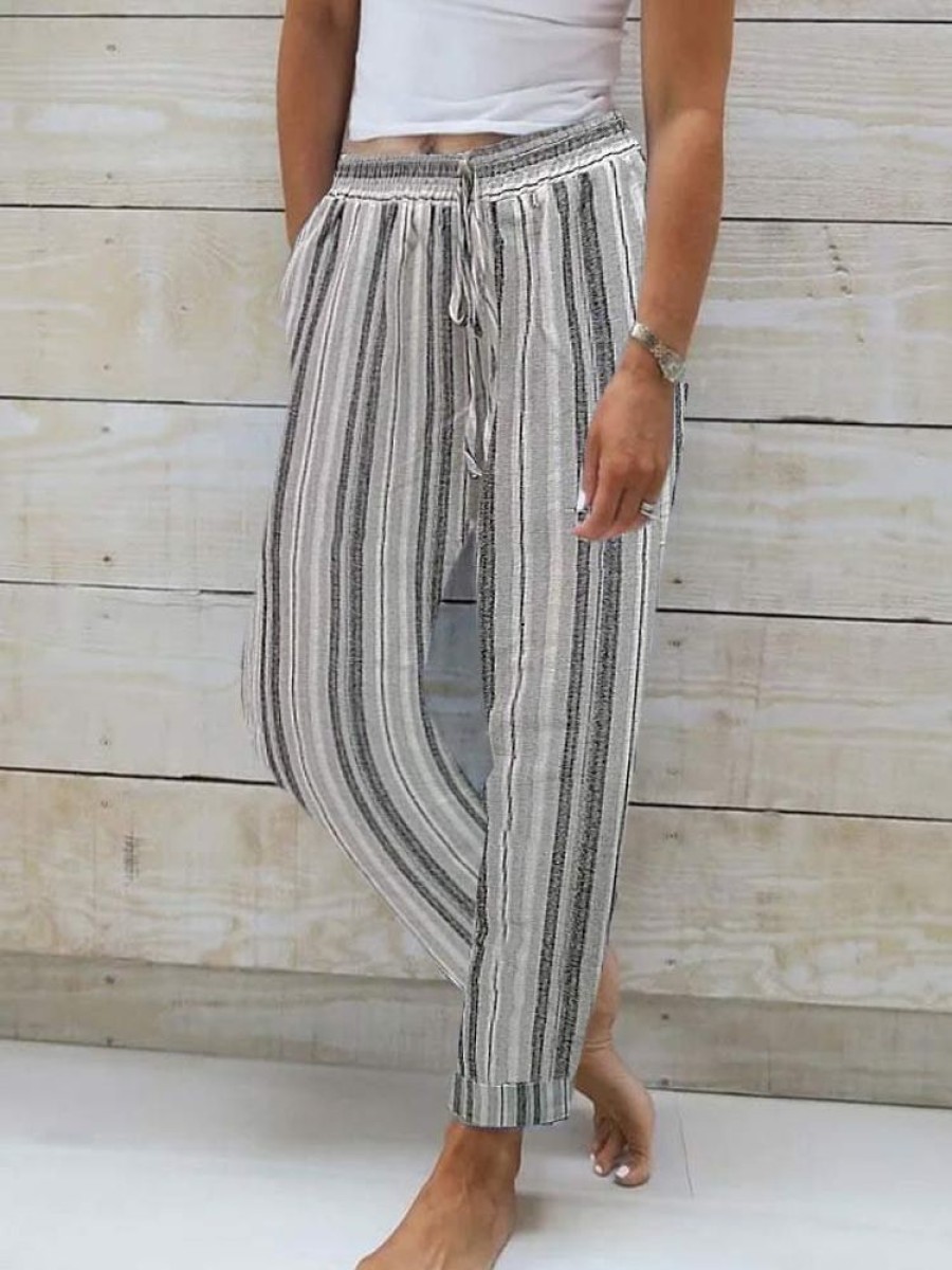 Bottoms zolucky | Striped Loose Casual Cotton Pants Deep Gray