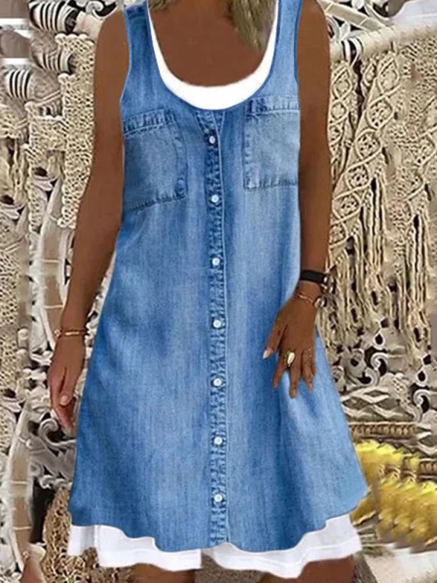 Dresses zolucky | Women Denim Sleeveless Casual Mini Dress(Contains Lining) Blue