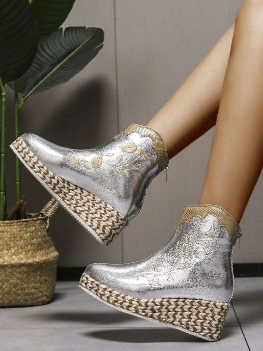 Shoes zolucky | Floral Embroidery Color Block Fashion Wedge Heel Boots Silver