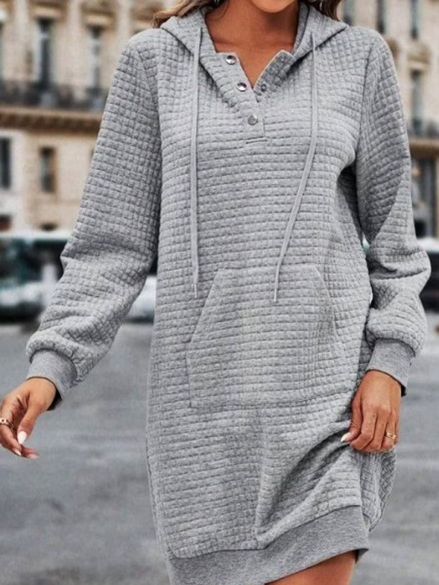 Dresses zolucky | Hoodie Loose Casual Plaid Dress Light Gray