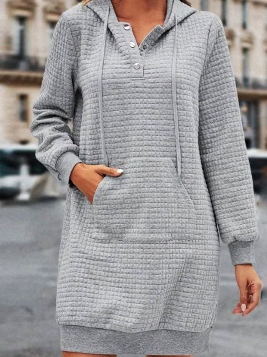 Dresses zolucky | Hoodie Loose Casual Plaid Dress Light Gray