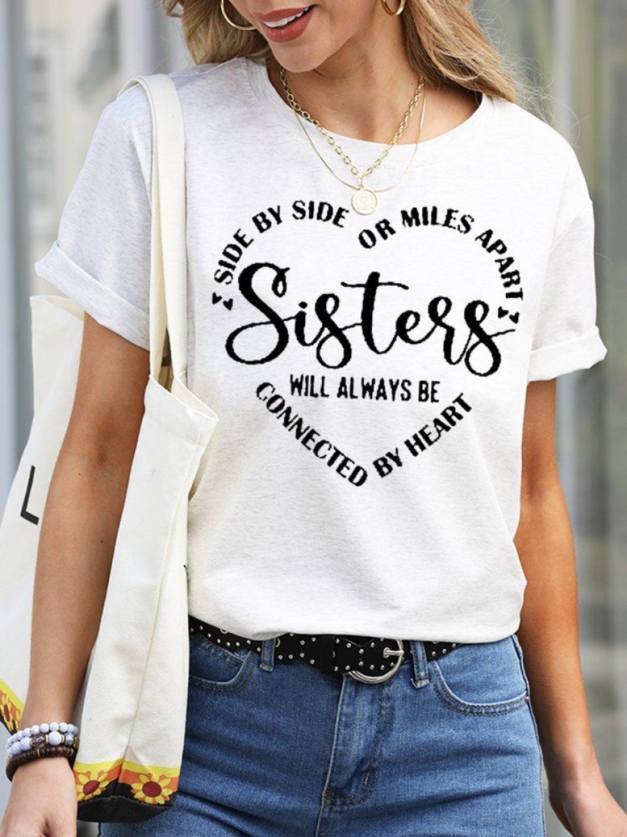 Topshot zolucky | Womens Sisters Will Always Be Connected By Heart Letter Casual Short Sleeve T-Shirt