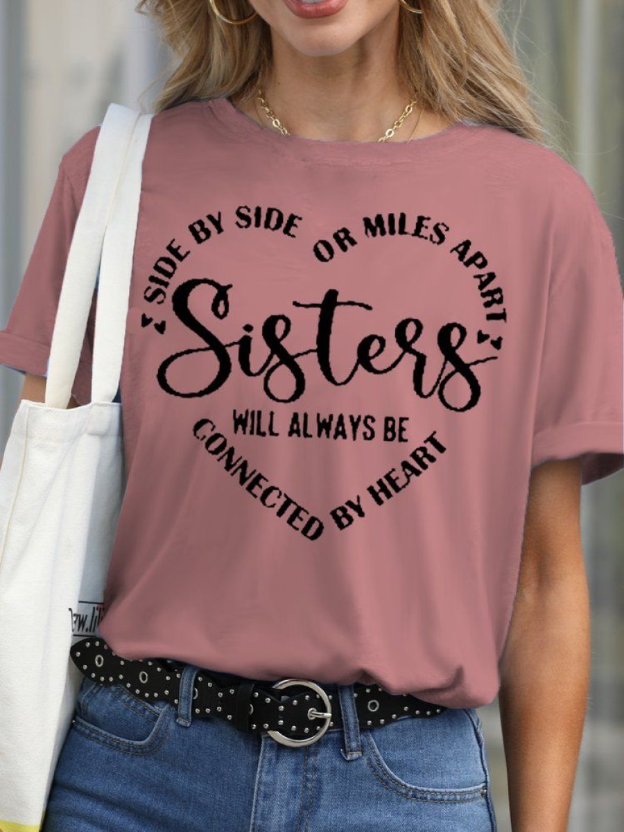 Topshot zolucky | Womens Sisters Will Always Be Connected By Heart Letter Casual Short Sleeve T-Shirt