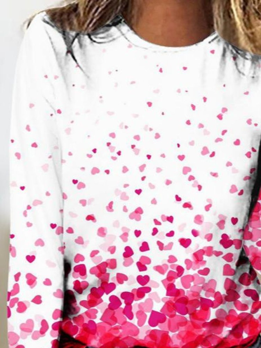 Topshot zolucky | Heart/Cordate Gradual Printing Loose Crew Neck Valentine'S Day Casual Long Sleeve T-Shirt White-Red