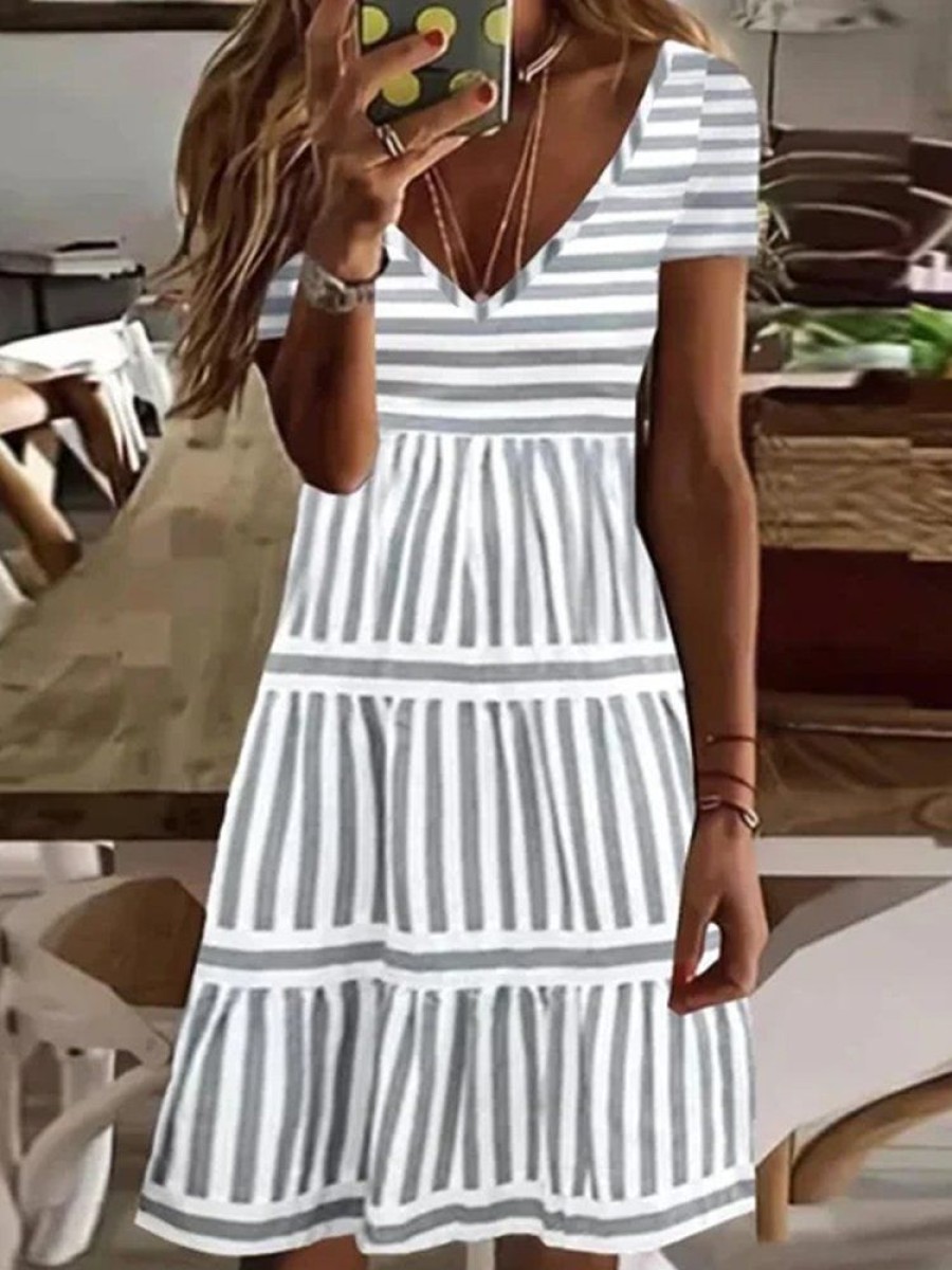 Plus&Curve zolucky | Plus Size Loose Casual V Neck Striped Dress White