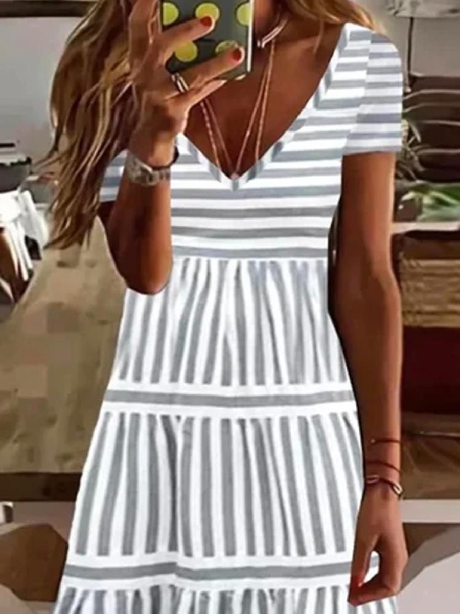 Plus&Curve zolucky | Plus Size Loose Casual V Neck Striped Dress White