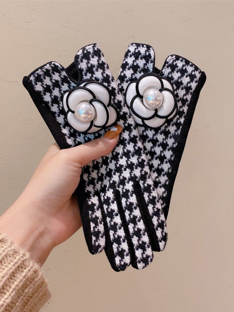 Accessories zolucky | Elegant Camellia Imitation Pearl Houndstooth Gloves