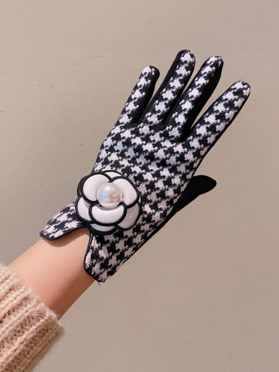 Accessories zolucky | Elegant Camellia Imitation Pearl Houndstooth Gloves