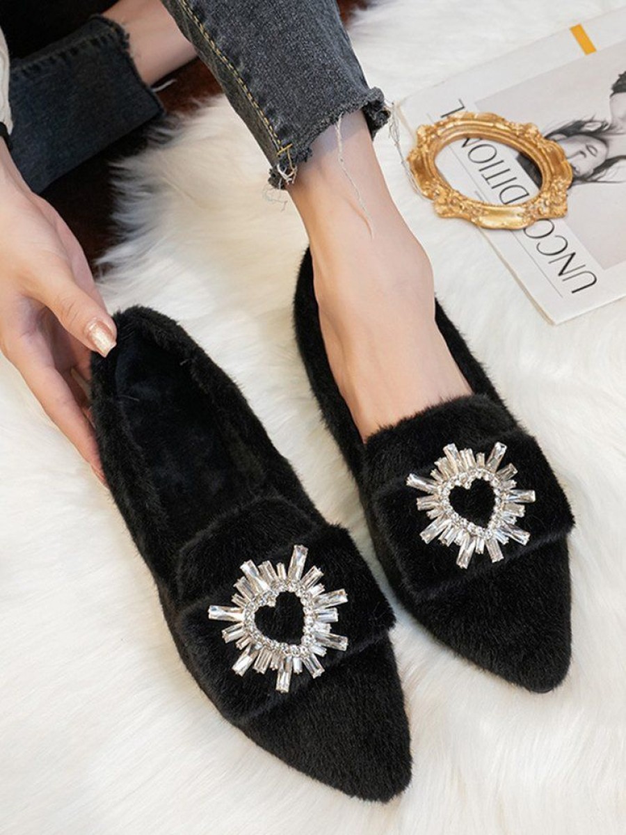 Shoes zolucky | Rhinestone Buckle Party Furry Slip On Shoes