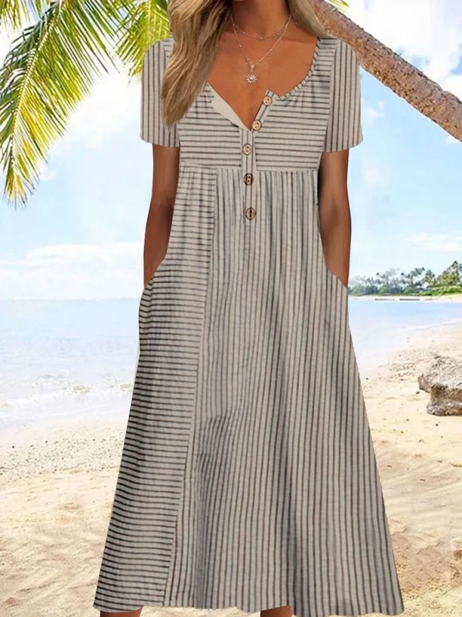 Dresses zolucky | Buckle Striped Printed Vacation Loose Short Sleeve Midi Dress