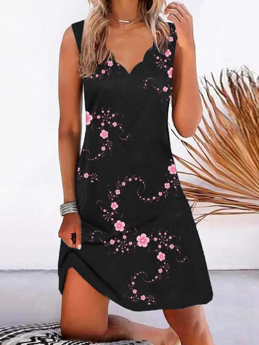 Dresses zolucky | Floral Casual Sleeveless Dress Black