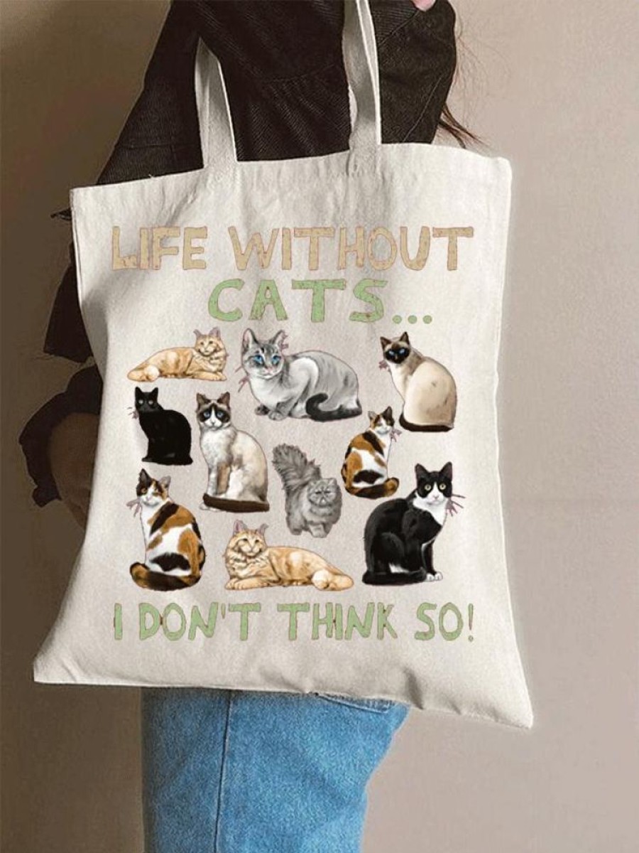 Accessories zolucky | Funny Life Without Cat I Dont Think So Cat Lovers Shopping Tote White