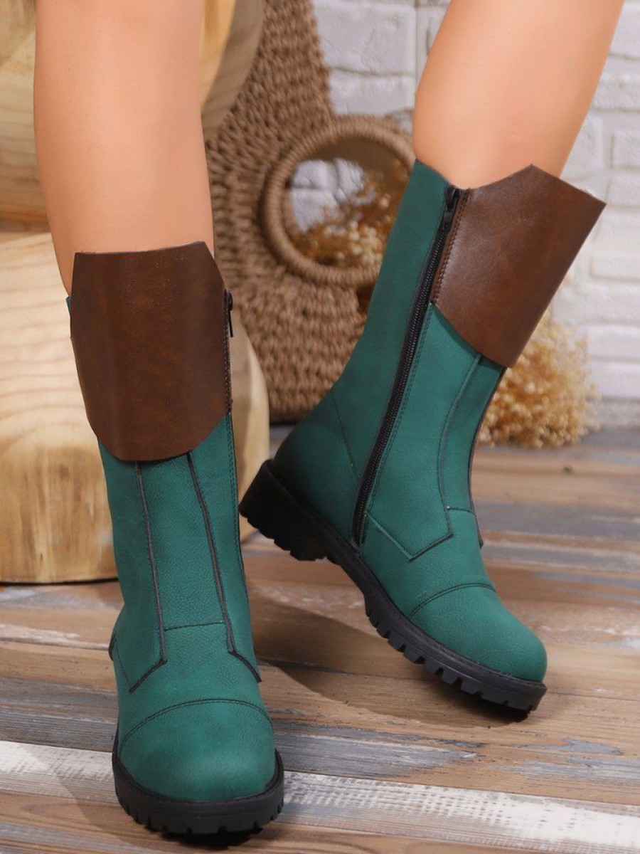 Shoes zolucky | Vintage Color Block Side Zip Riding Boots