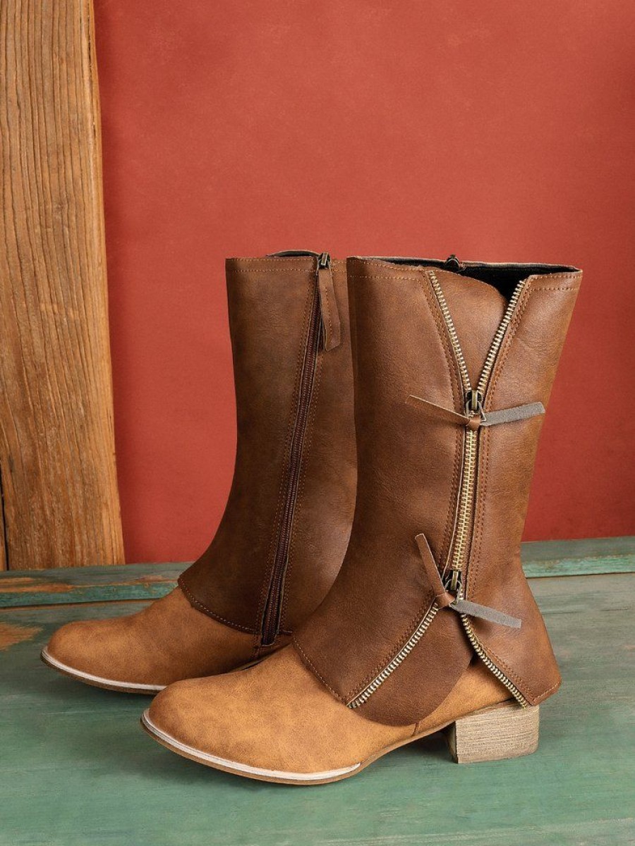 Shoes zolucky | Zip-Panel Vintage Block Heel Western Cowboy Boots Brown