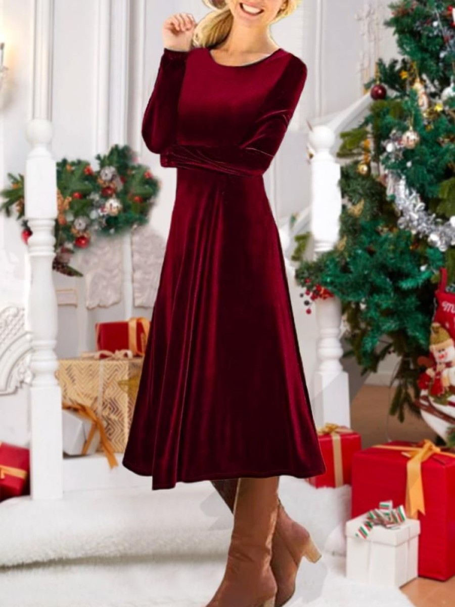 Dresses zolucky | Party Velvet Long Sleeve Plain Christmas Dress