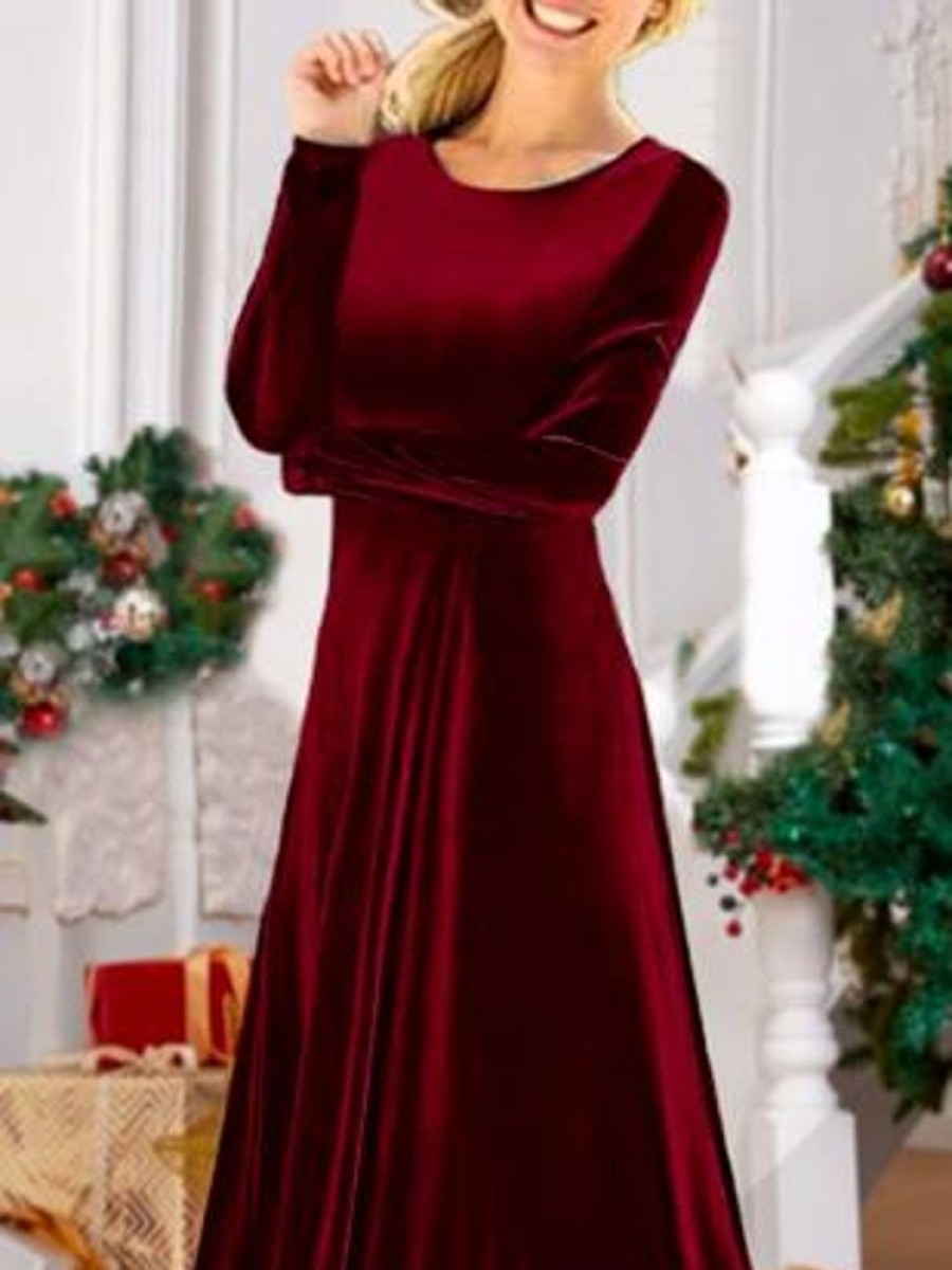 Dresses zolucky | Party Velvet Long Sleeve Plain Christmas Dress