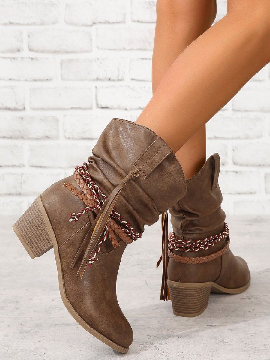 Shoes zolucky | Vintage Braided Tassel Ruched Western Boots Brown