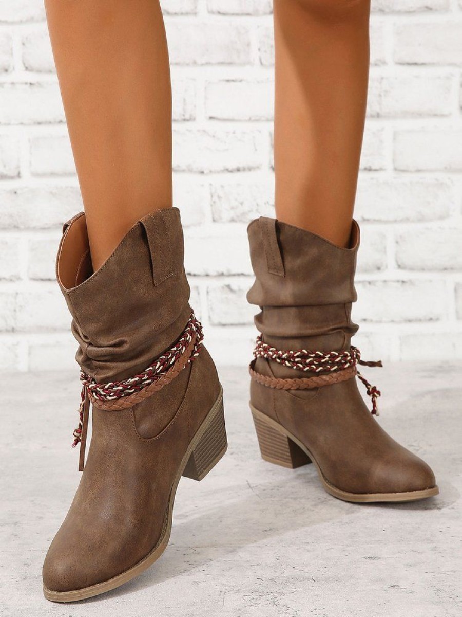 Shoes zolucky | Vintage Braided Tassel Ruched Western Boots Brown